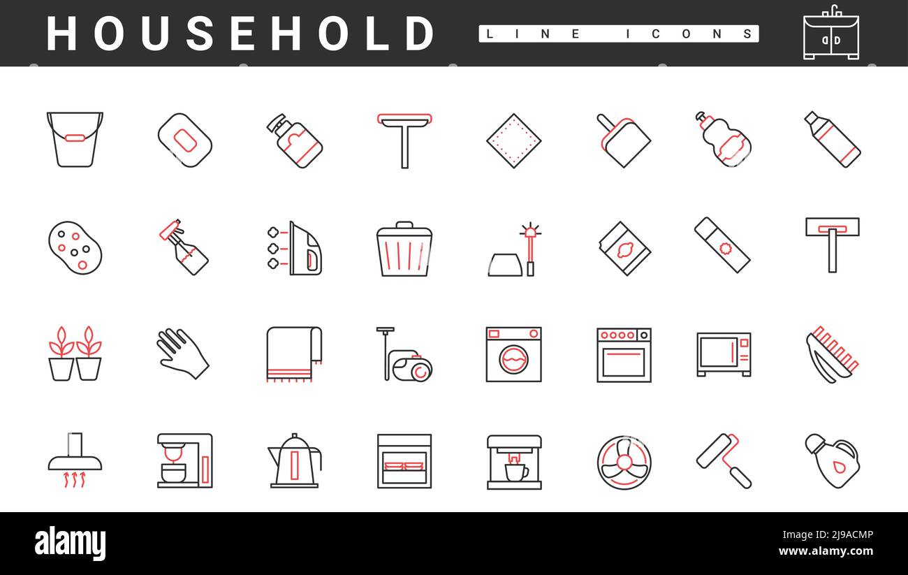 Haushaltsgeräte dünne rote und schwarze Linien Symbole setzen Vektor-Illustration. Abstract Einfache manuelle und elektrische Haushaltsgeräte und Maschinen für die Hausarbeit, Reinigungsservice Piktogramme und Schilder Stock Vektor