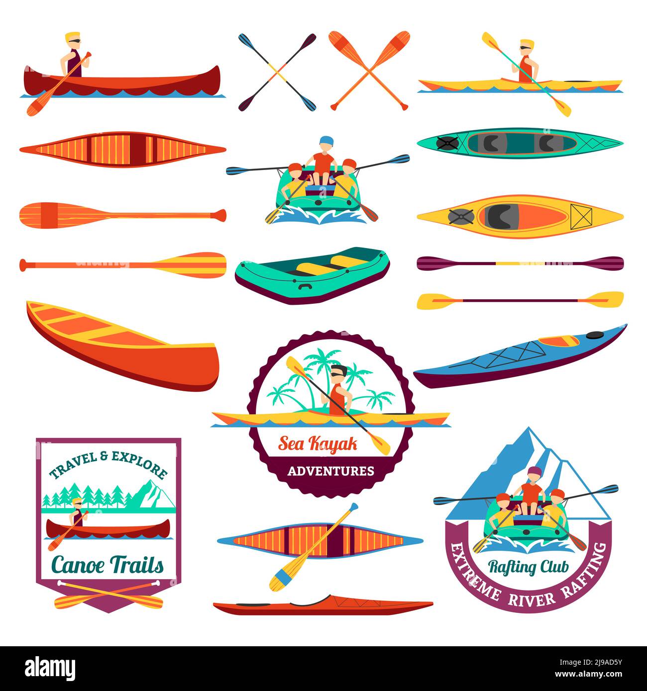 Kanu-Trails und Rafting Club Emblem mit Kajak Ausrüstung Elemente Flache Symbole Komposition abstrakt isoliert Vektor-Illustration Stock Vektor