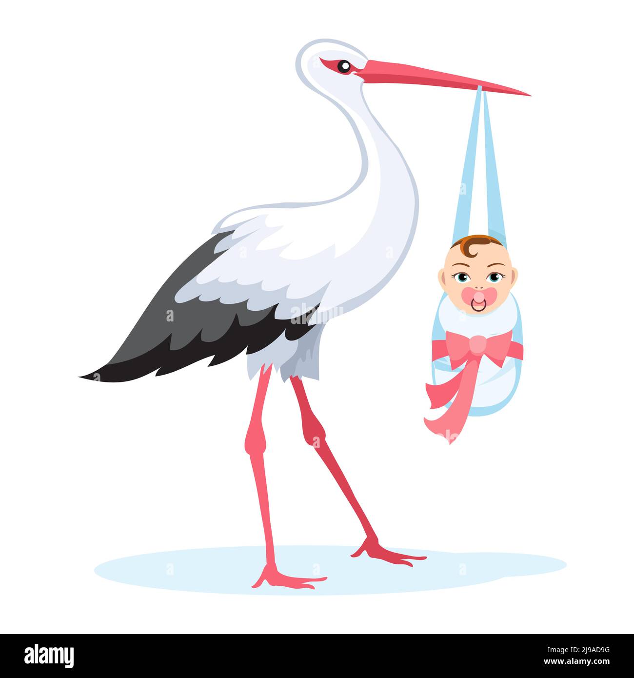 Storch trägt Baby im Bündel isoliert auf weiß. Vektorgrafik Stock Vektor