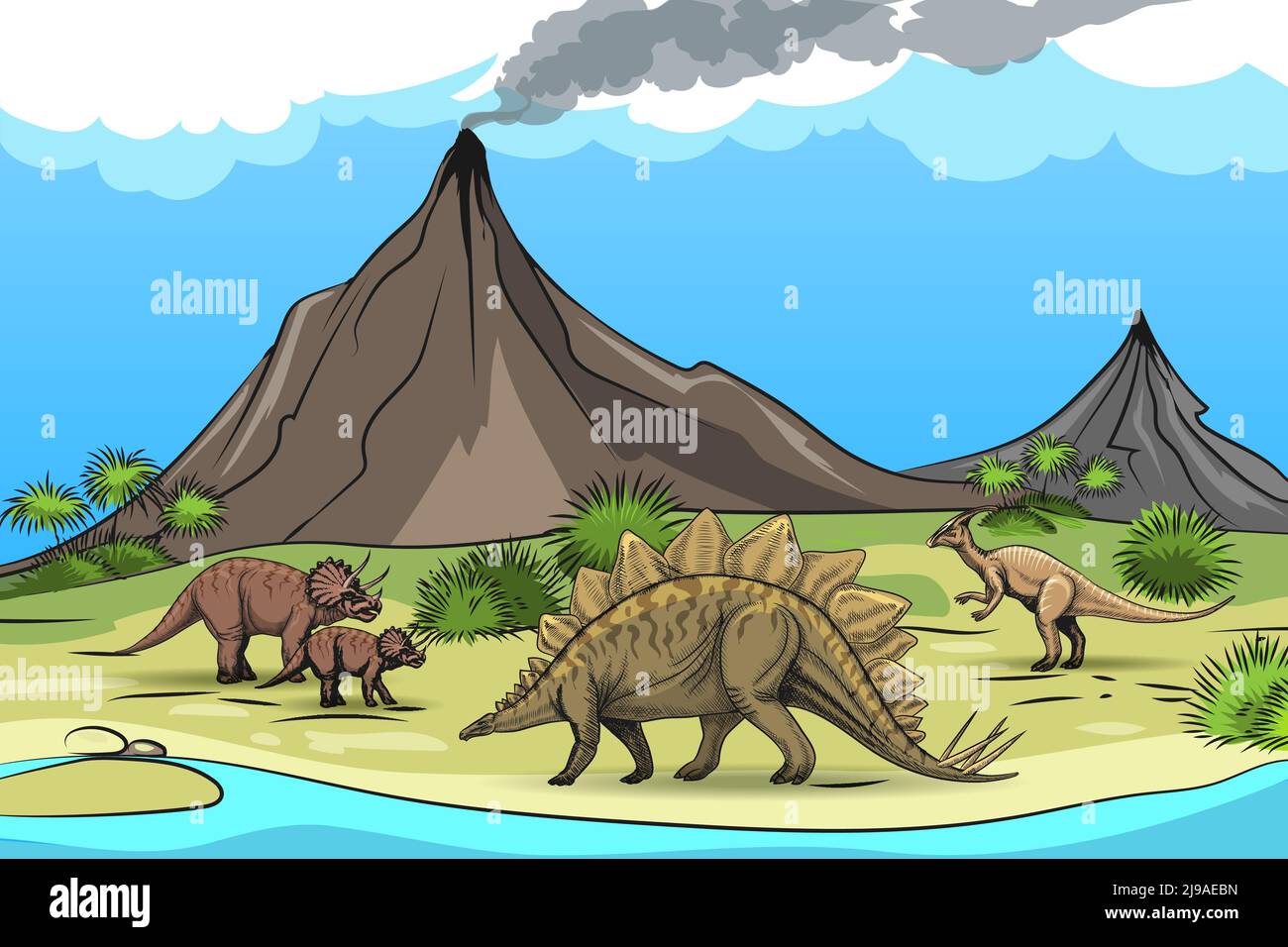 Vorgeschichte mit Dinosauriern Vulkan. Natur und Reptil, Baumpalme, Cartoon Wildtier, Vektor-Illustration Stock Vektor