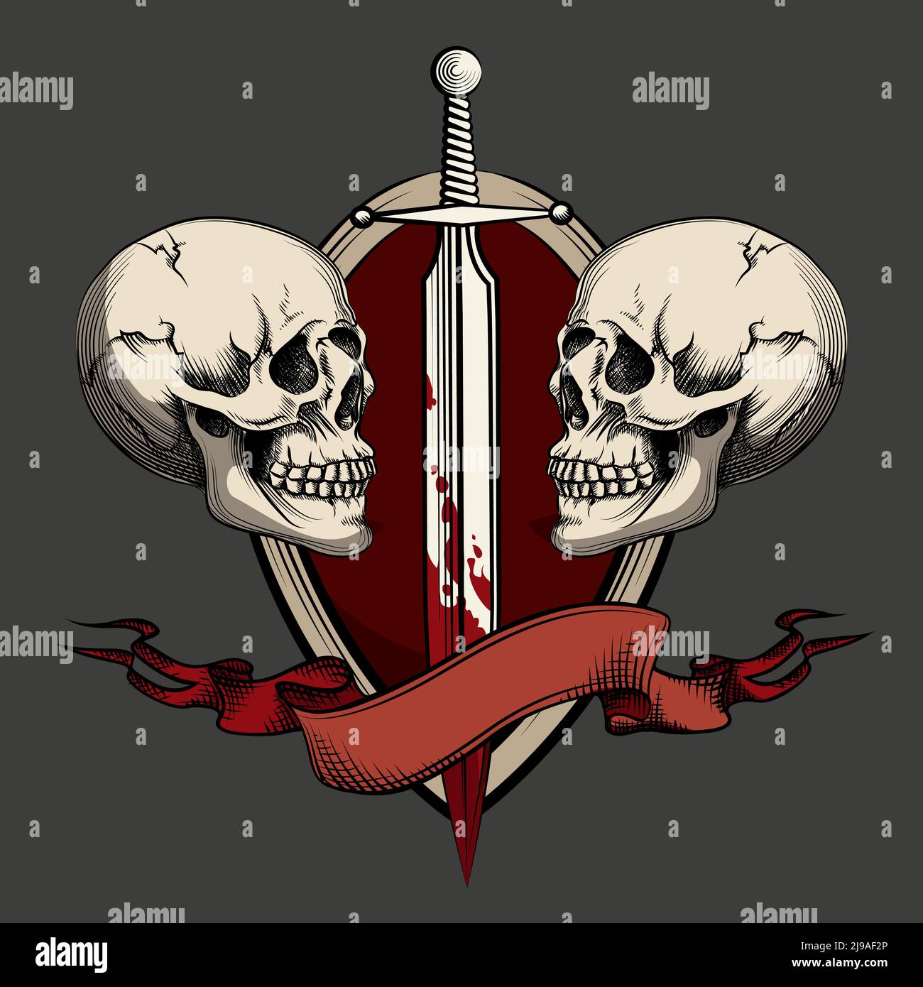 Zwei Schädel mit Schwert und Band. Vorlage für Tattoo und Etiketten. vektorgrafik EPS10 Stock Vektor