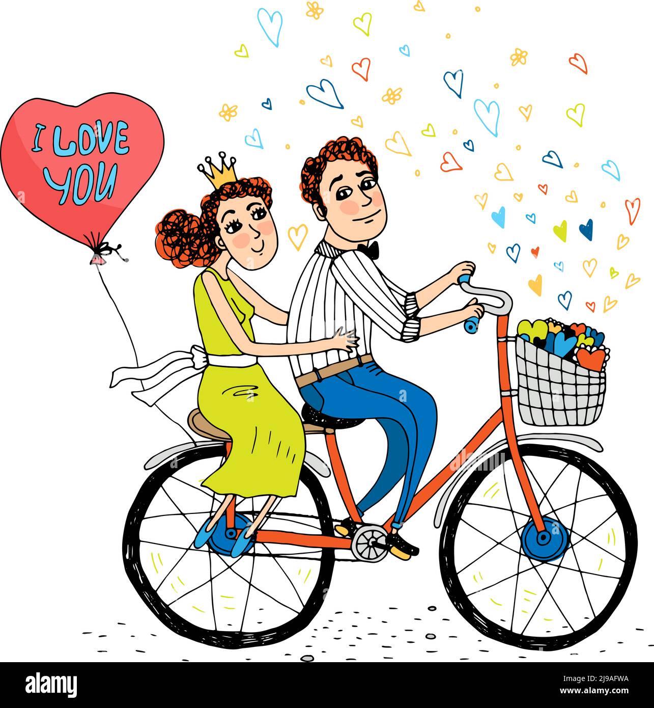 Zwei junge Liebhaber auf einem Tandem Fahrrad mit einem roten Herzförmiger Ballon mit den Worten - I Love You - Schweben vom Rücken und Herzen, die aus verschüttet werden Stock Vektor