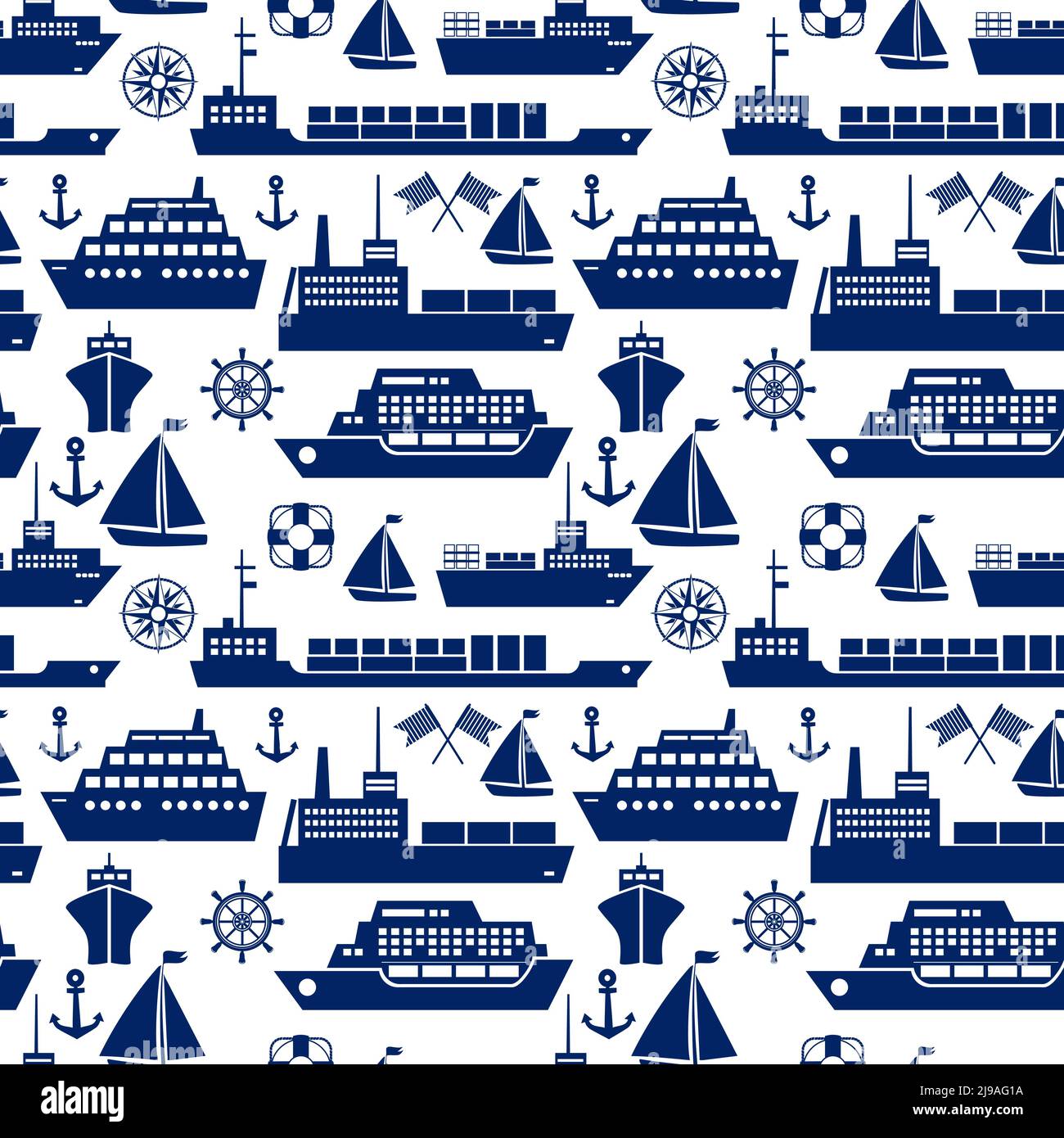 Schiffe und Boote Marine nahtlose Hintergrund Muster mit Silhouette Vektor Ikonen eines Kreuzfahrtschiffes Yacht Segelboot Container Schiff Tanker Frachter Stock Vektor