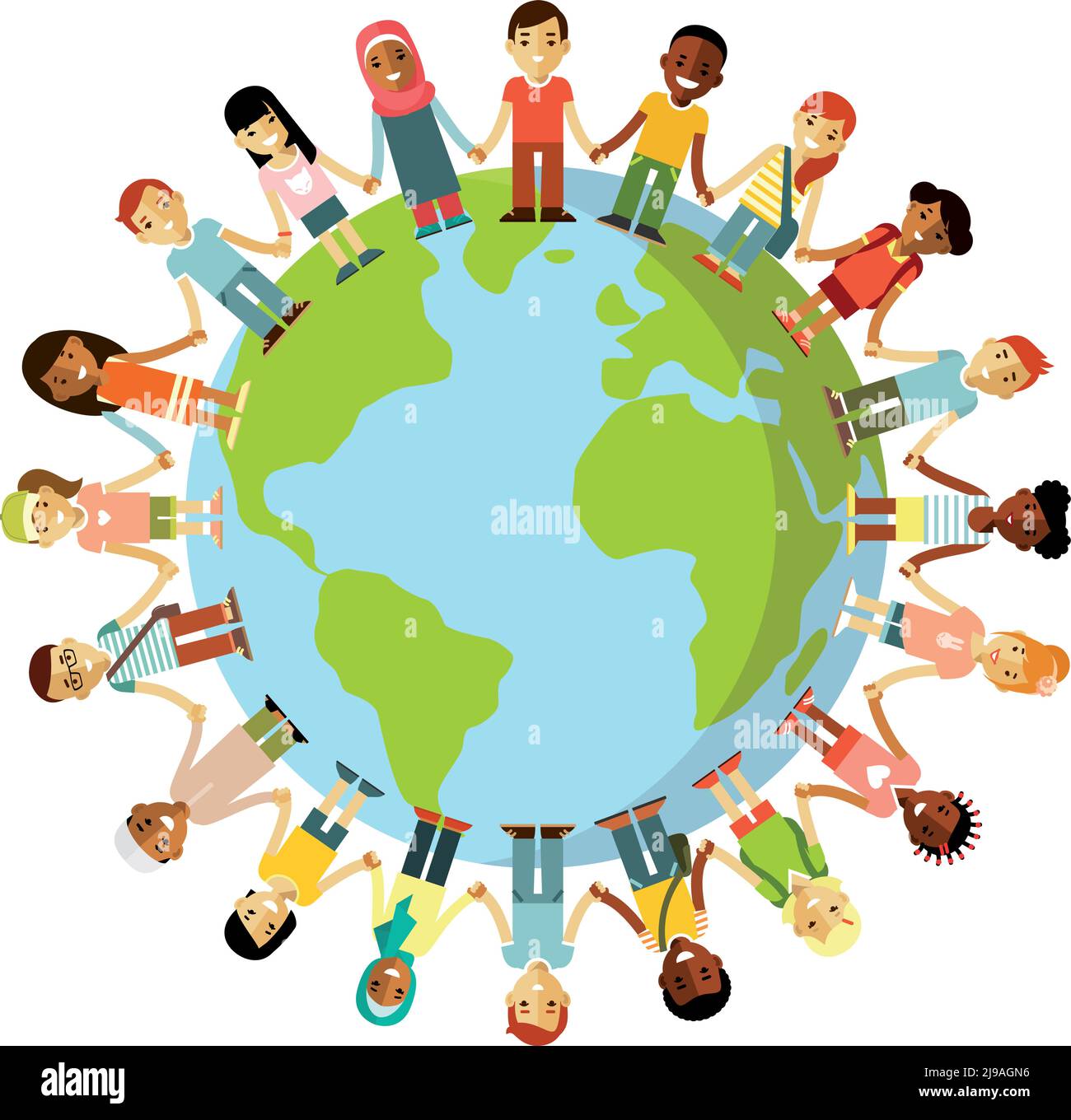 Verschiedene internationale multikulturelle Kinder stehen zusammen und halten die Hände auf der ganzen Welt Stock Vektor