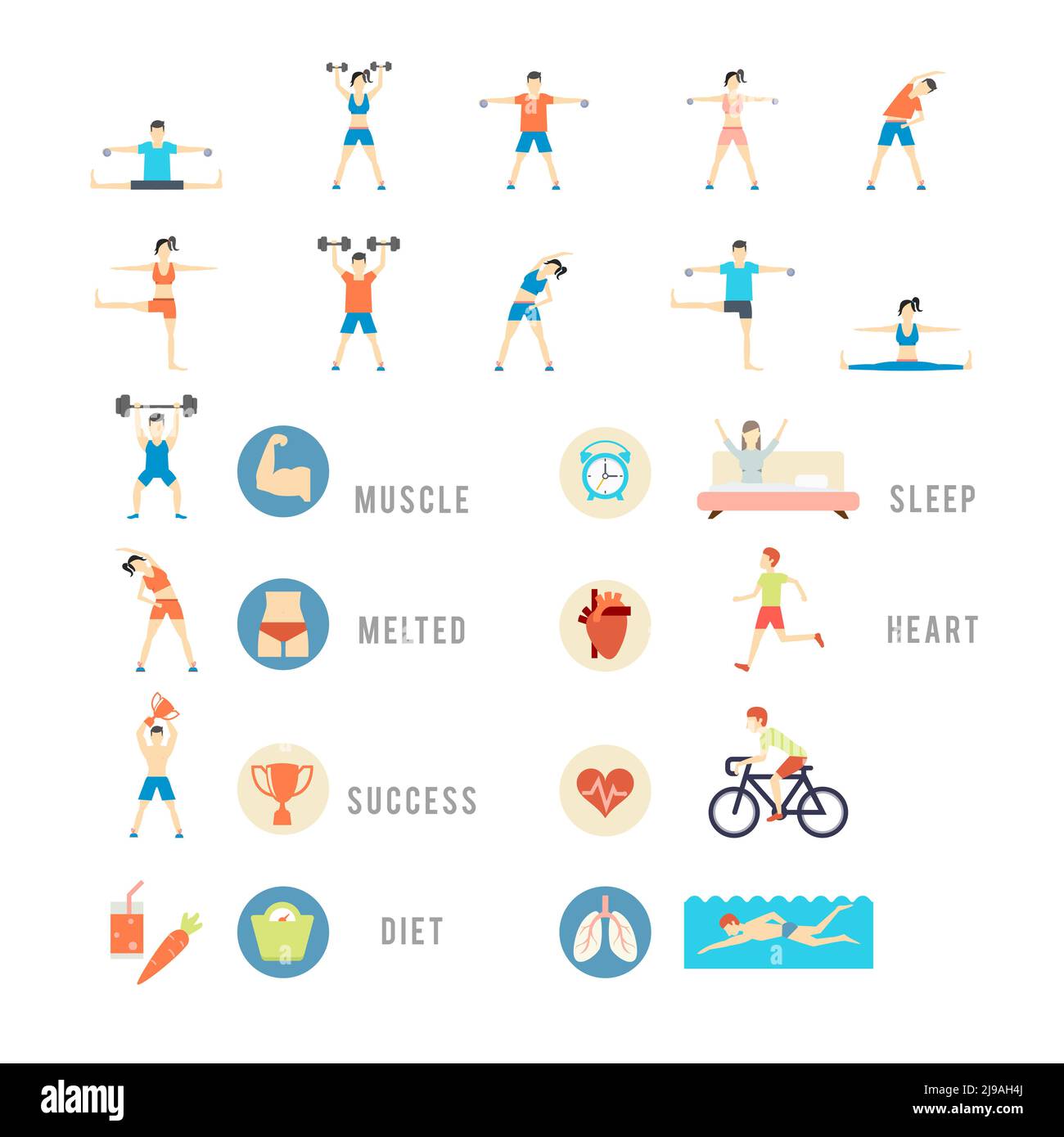 Sport und Gesundheit Menschen, Vektor eps10 Illustration. Die Menschen spielen Sport, Gewichte Radfahren Yoga und Schwimmen Stock Vektor