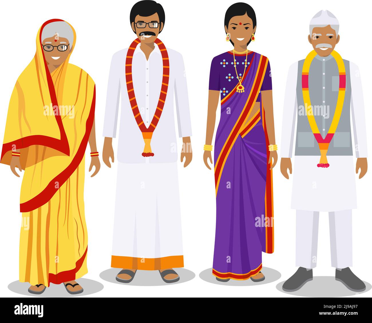 Generationen Mensch. Inder Vater, Mutter, Großmutter, Großvater stehen zusammen in traditioneller Kleidung. Sozialkonzept. Familienkonzept. Stock Vektor