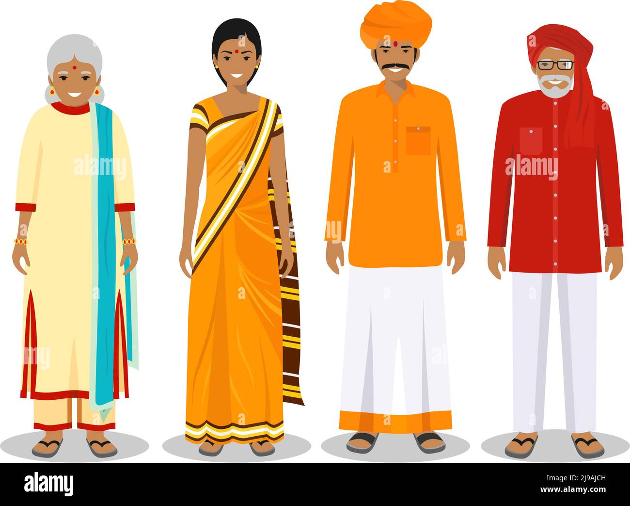 Generationen Mensch. Inder Vater, Mutter, Großmutter, Großvater stehen zusammen in traditioneller Kleidung. Sozialkonzept. Familienkonzept. Stock Vektor
