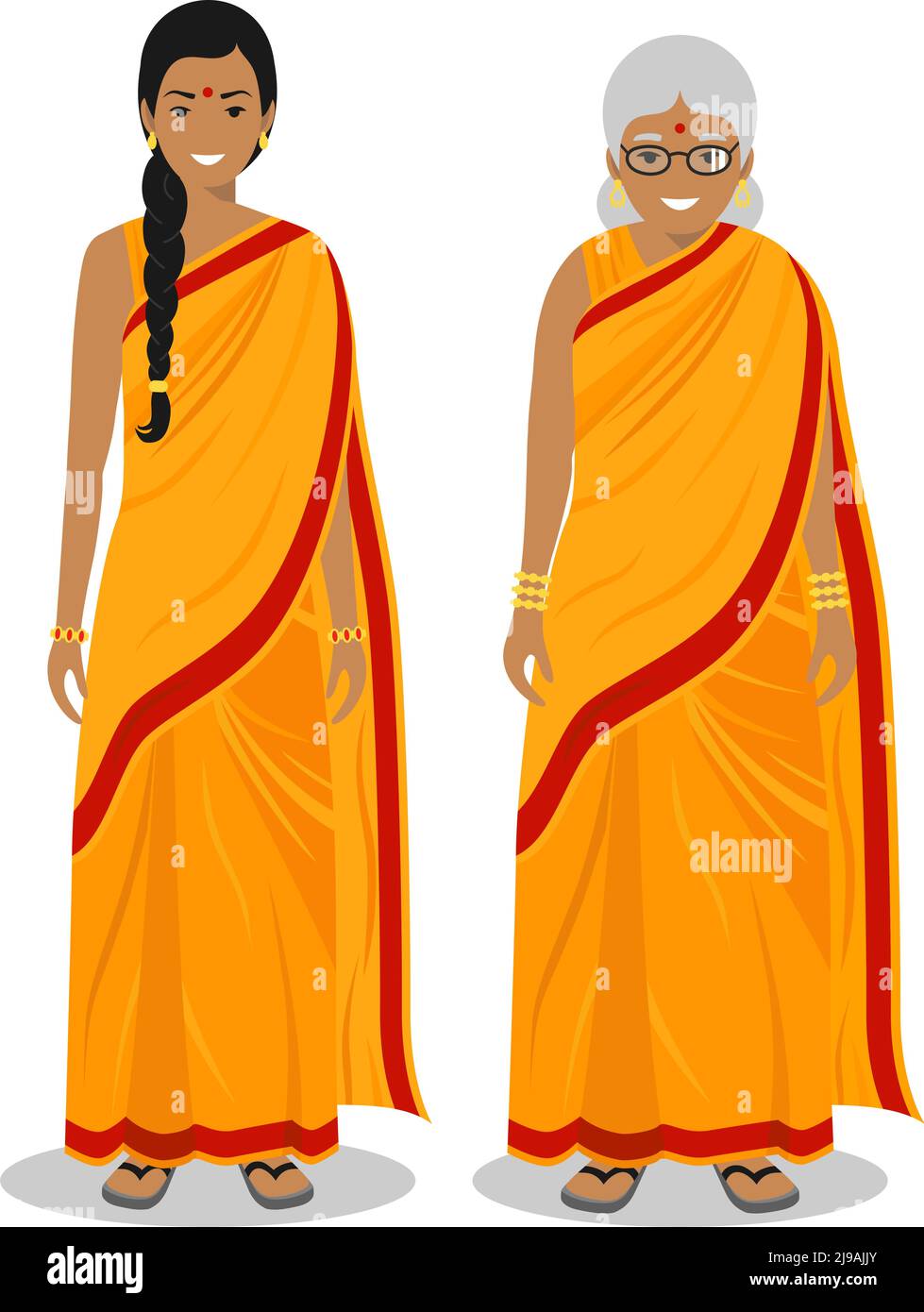 Ausführliche Darstellung der ständigen Alte und junge indische Frau in der traditionellen nationalen indischen Kleidung auf weißem Hintergrund im flachen Stil isoliert. Ich Stock Vektor