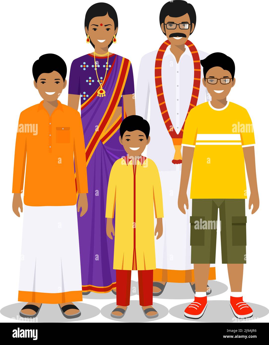 Generationen Mensch. Indische Menschen Vater, Mutter, Großmutter, Großvater, Junge stehen zusammen in traditioneller Kleidung. Sozialkonzept. Familienkonzept Stock Vektor