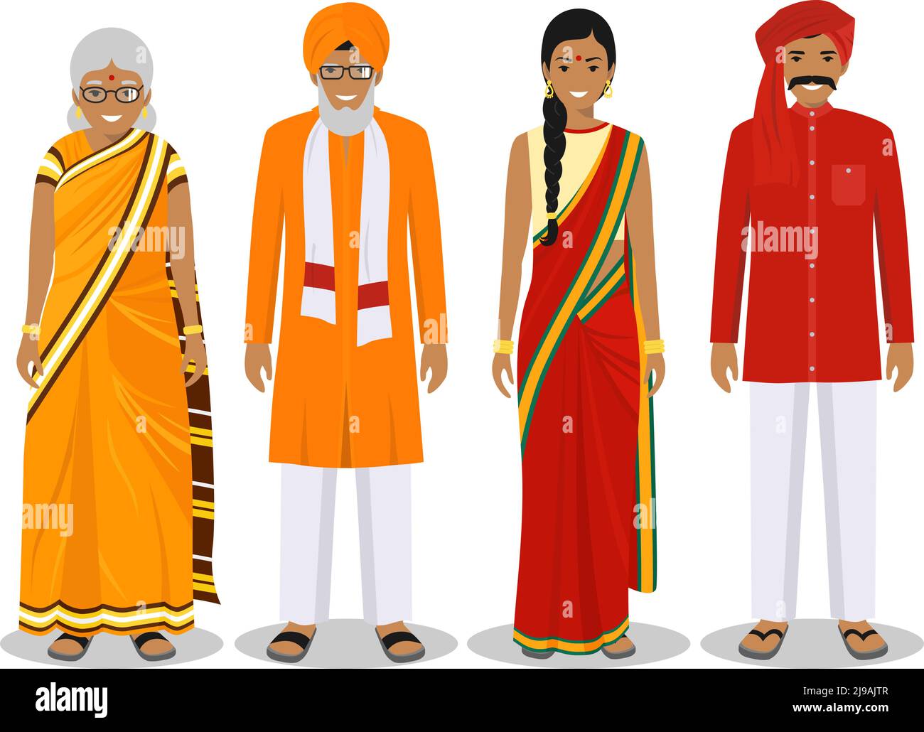 Generationen Mensch. Inder Vater, Mutter, Großmutter, Großvater stehen zusammen in traditioneller Kleidung. Sozialkonzept. Familienkonzept. Stock Vektor