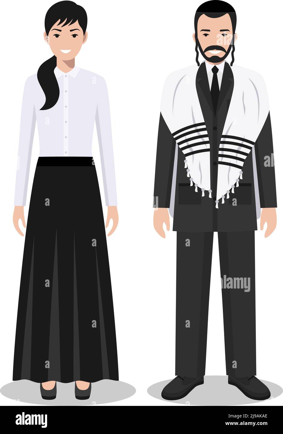 Detaillierte Darstellung von stehenden jüdischen Menschen in der traditionellen nationalen Kleidung isoliert auf weißem Hintergrund in flachem Stil. Stock Vektor