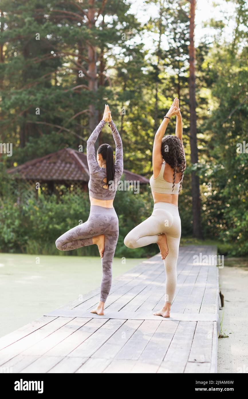 Zwei Frauen führen eine Variante der Vrikshasana-Übung durch, wobei die Arme angehoben und auf einer Holzbrücke in einem Park stehen Stockfoto