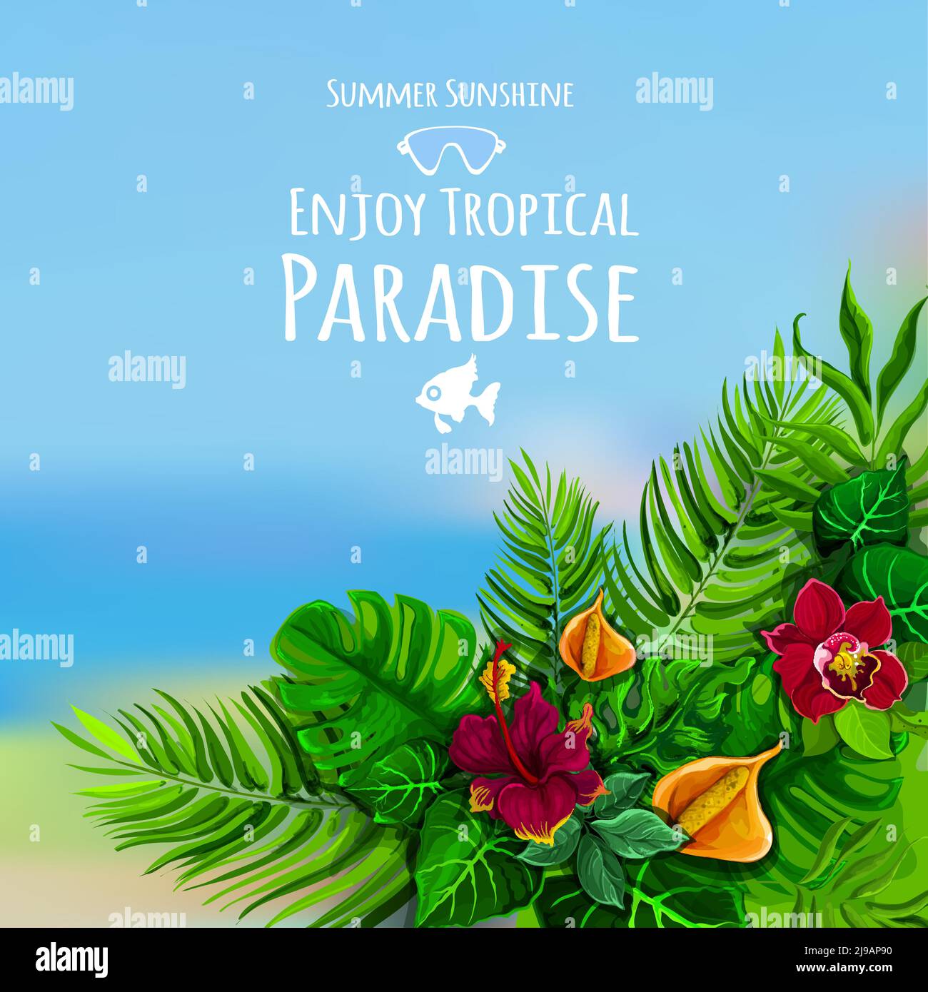 Tropisches Poster mit Monstera Blume und Meer auf Hintergrund Vektor Abbildung Stock Vektor