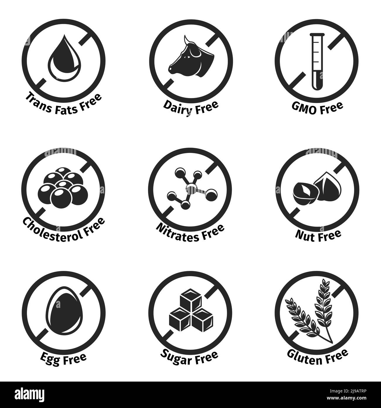 Vector diätetische Etiketten Set. Gluten und Cholesterin, gvo-frei, Mitrate und Transfette, Milch und Ei Stock Vektor