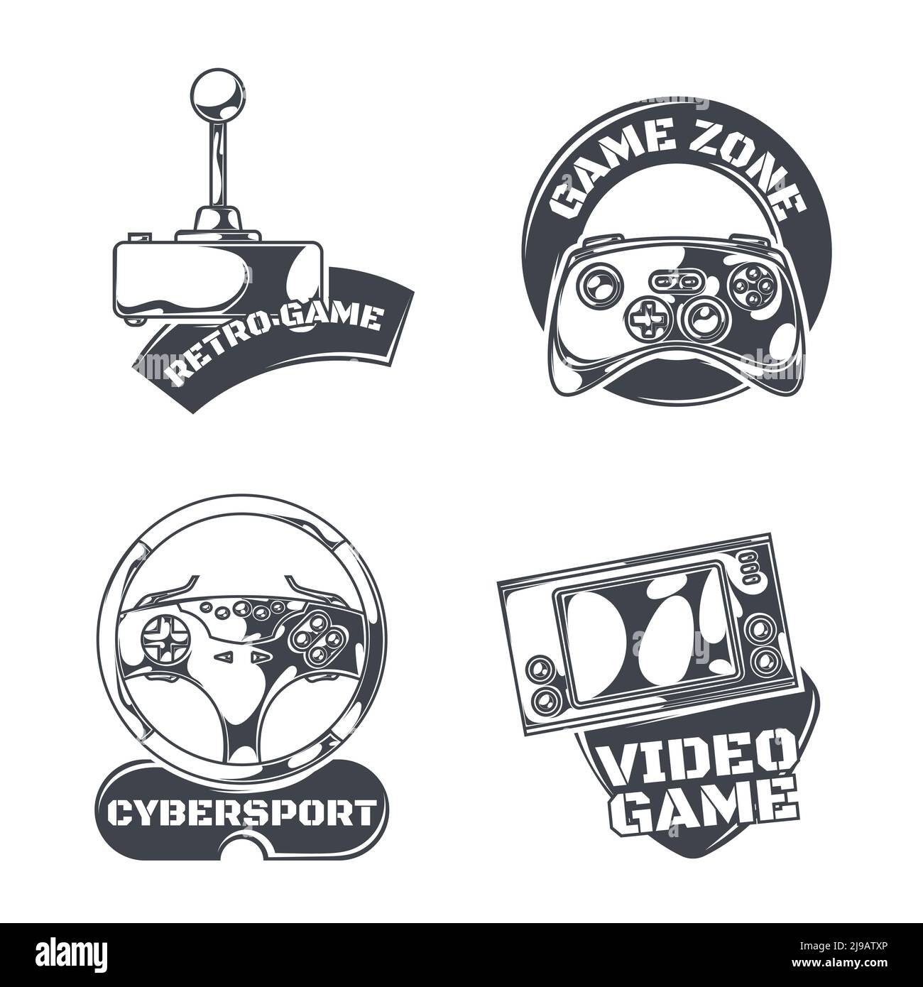 Set von Videospielen Embleme, Etiketten, Abzeichen, Logos. Isoliert auf Weiß Stock Vektor