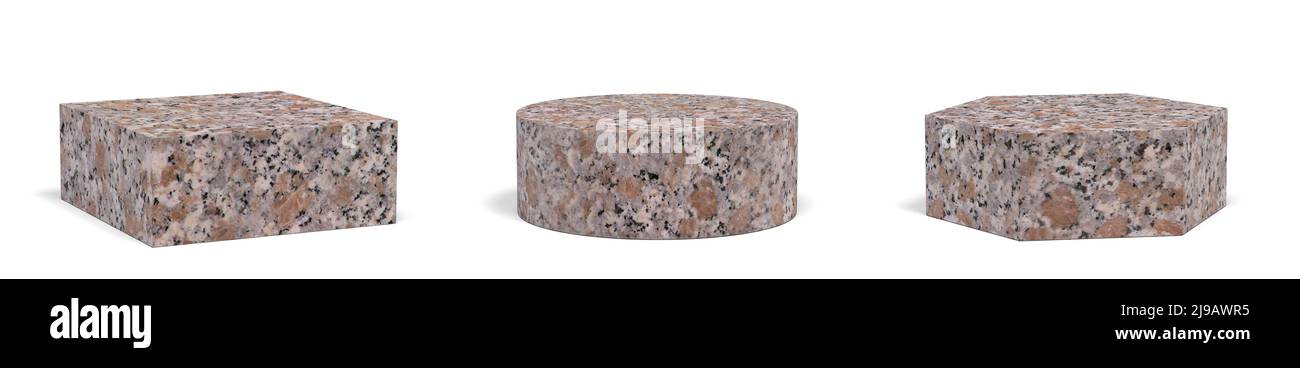 Set aus braunen Marmorpodien auf weißem Hintergrund mit Beschneidungspfad. 3D Bild Stockfoto