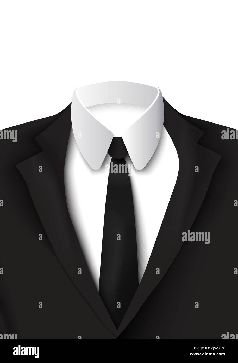 Realistischer schwarzer Anzug Objekt auf dem weißen Hintergrund mit Baumwoll-Shirt, strenge und elegante Krawatte als Jacke isoliert Vektor-Illustration gefärbt Stock Vektor