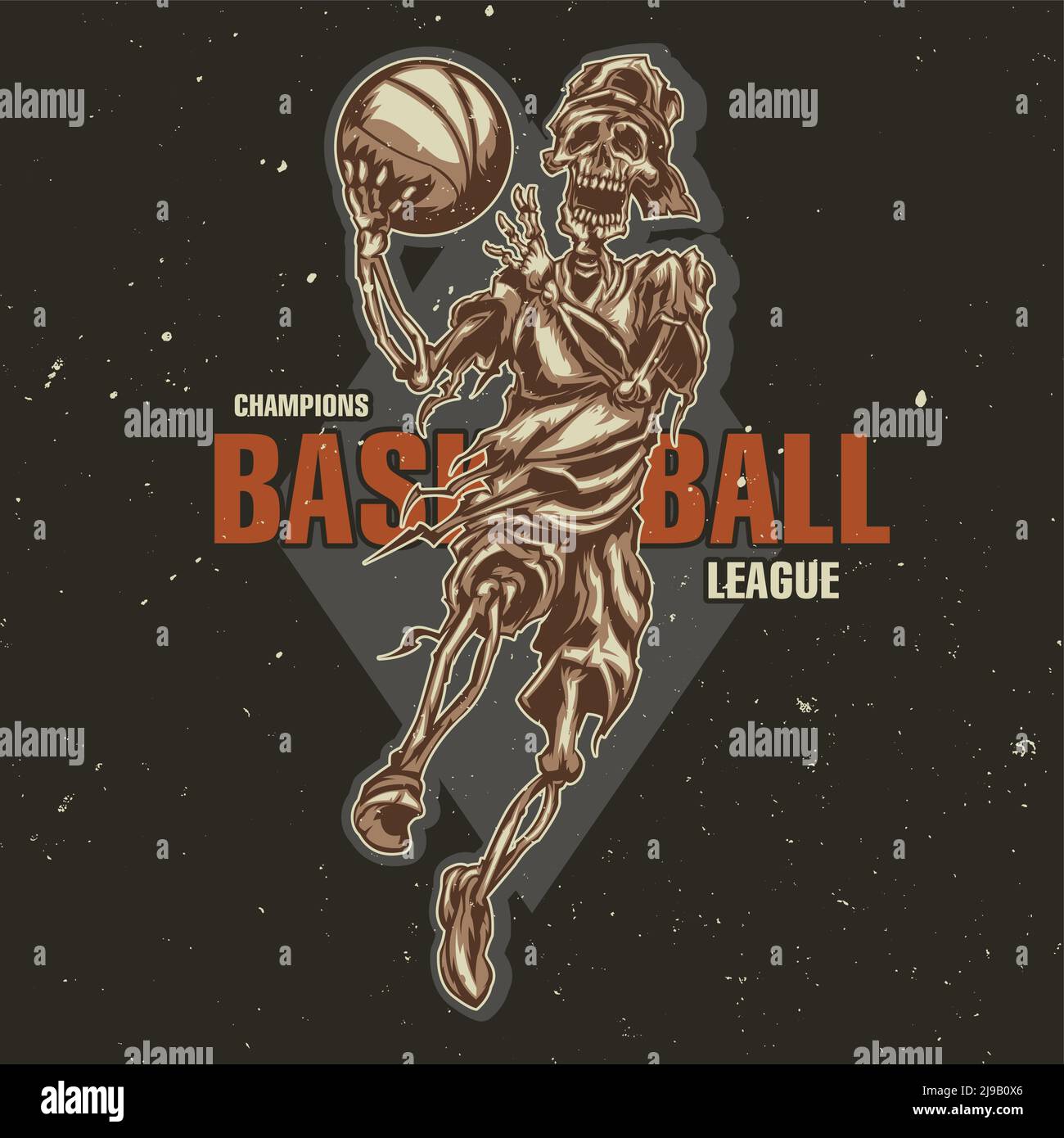 T-Shirt oder Poster-Design mit Darstellung des Skelett-Streetball-Spieler Stock Vektor