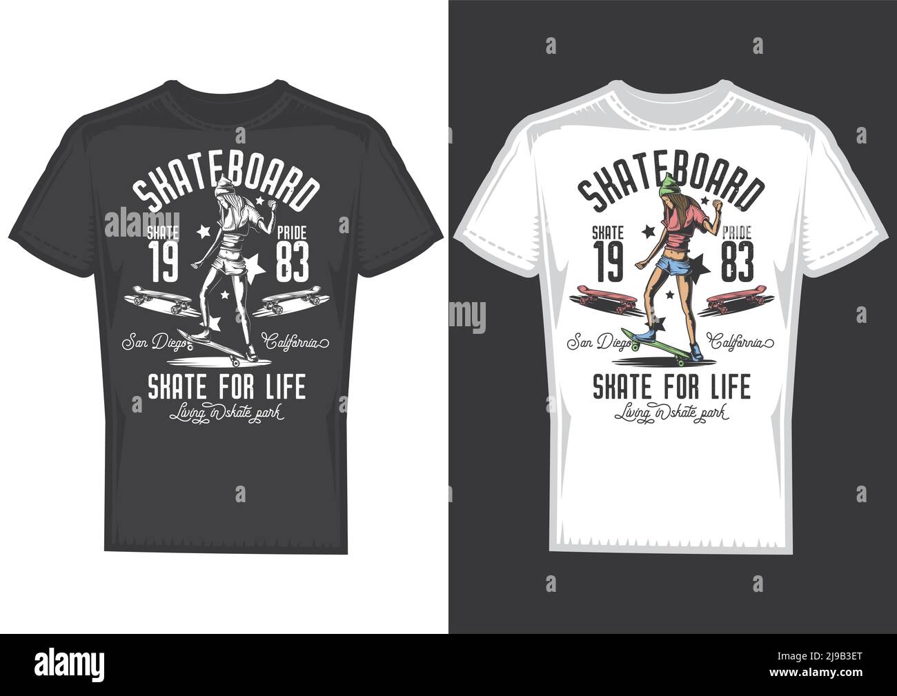 T-Shirt Design Muster mit Illustration eines Mädchens auf einem Skateboard. Stock Vektor