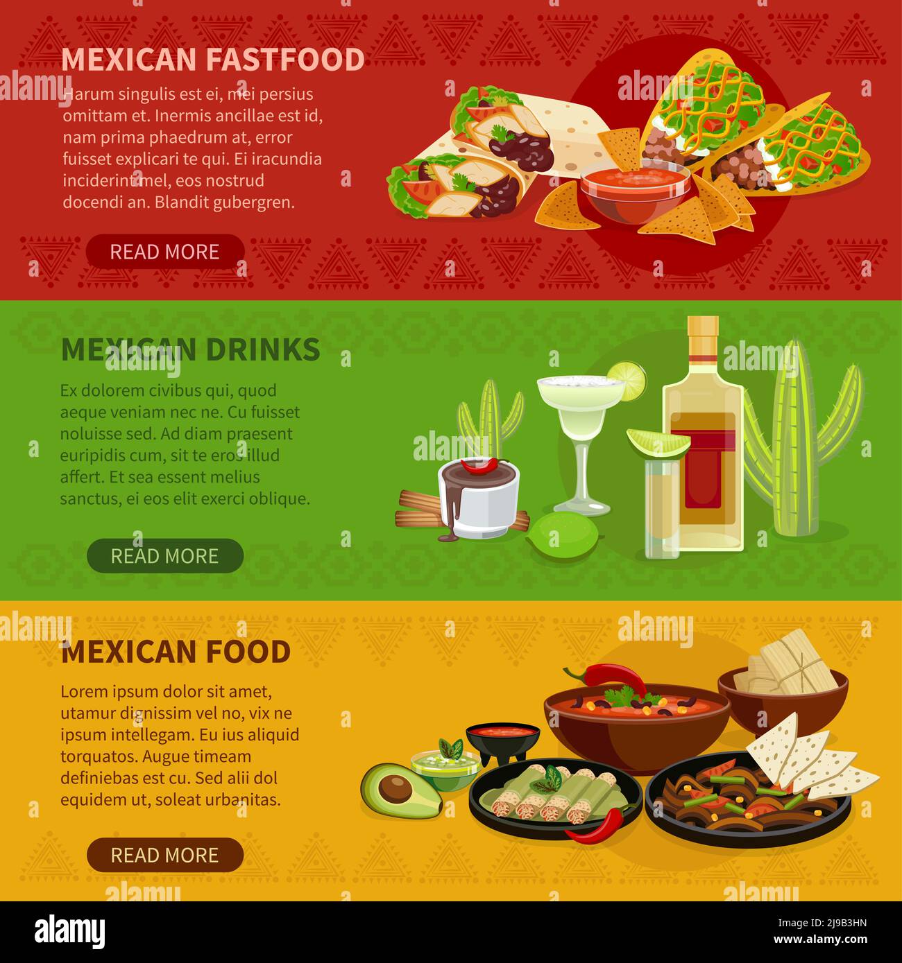 Mexikanische Getränke Snacks und berühmte Gerichte informative interaktive horizontale Banner Webseite flach abstrakten Vektor isolierte Illustration Stock Vektor
