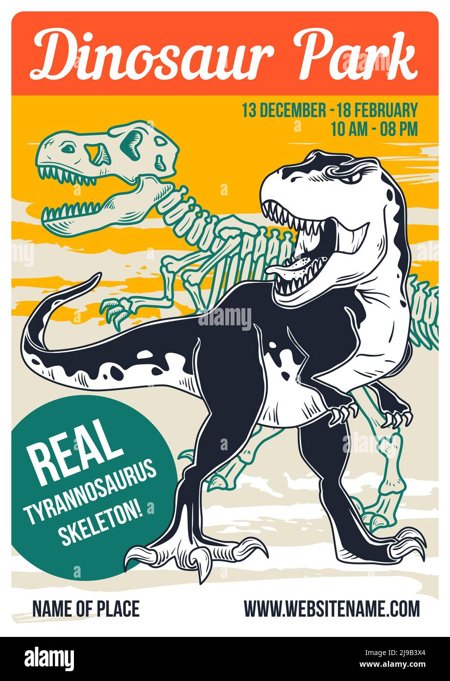 Poster-Design mit Darstellung eines Dinosauriers und dessen Skelett auf dem Hintergrund. Stock Vektor