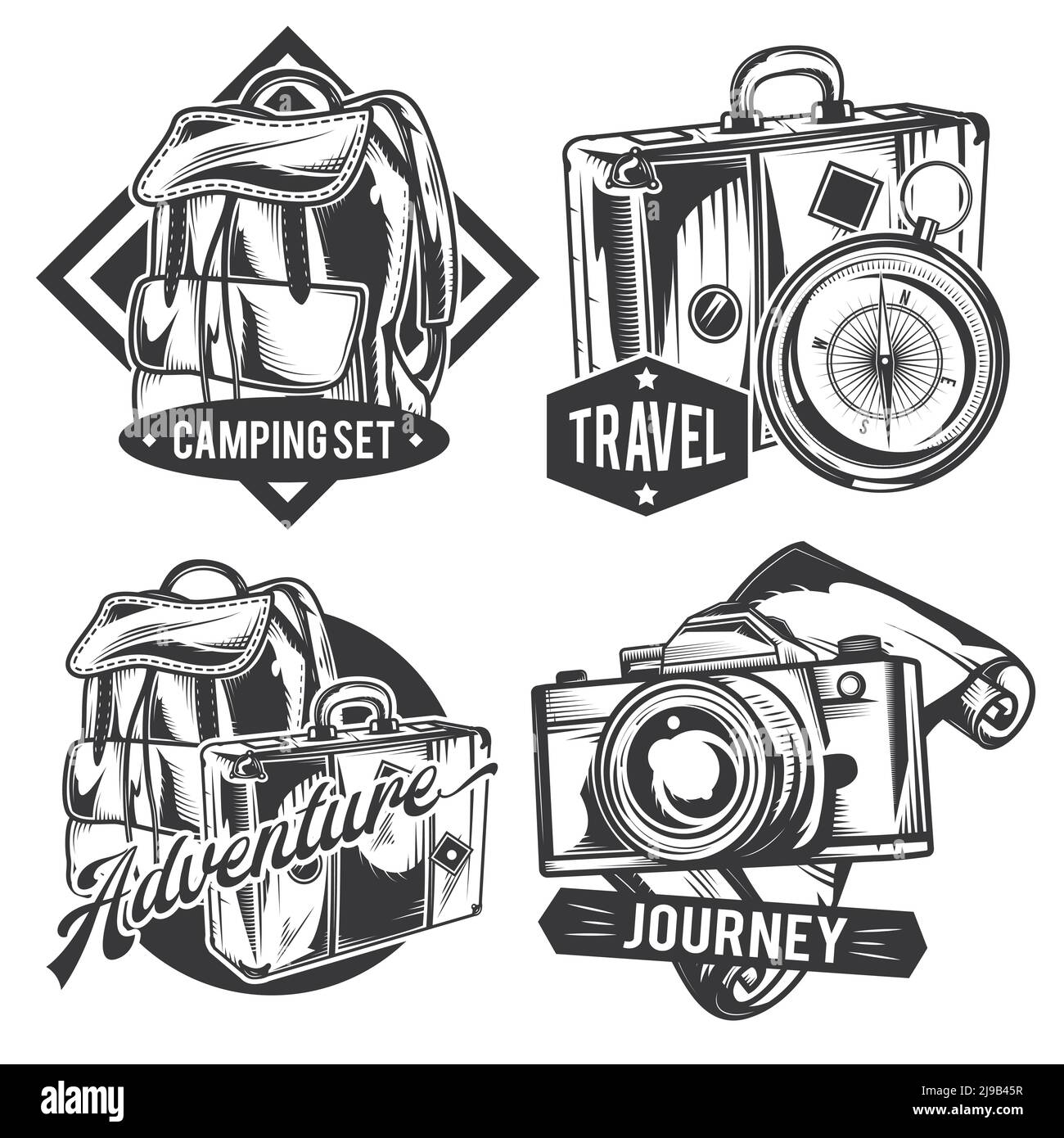 Set von Vintage Reisen Embleme, Etiketten, Abzeichen, Logos. Isoliert auf Weiß Stock Vektor