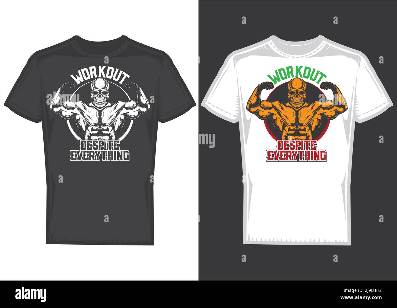 T-Shirt Designmuster mit Abbildung eines Schädels mit großen Muskeln. Stock Vektor