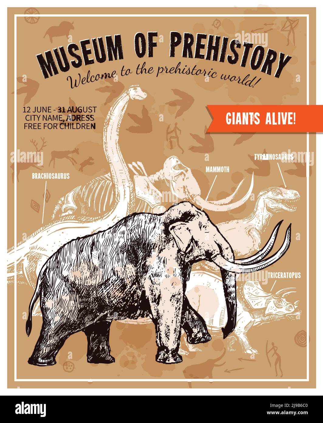 Skizze handgezeichnete Einladung zum Museum der Vorgeschichte Plakat mit Mammut und Dinosaurier auf beigem Hintergrund mit Felsmalereien und Fußabdrücke Vektor i Stock Vektor Skizze handgezeichnete Einladung zum Museum der Vorgeschichte Plakat mit Mammut und Dinosaurier auf beigem Hintergrund mit Felsmalereien und Fußabdrücke Vektor i Stock Vektor