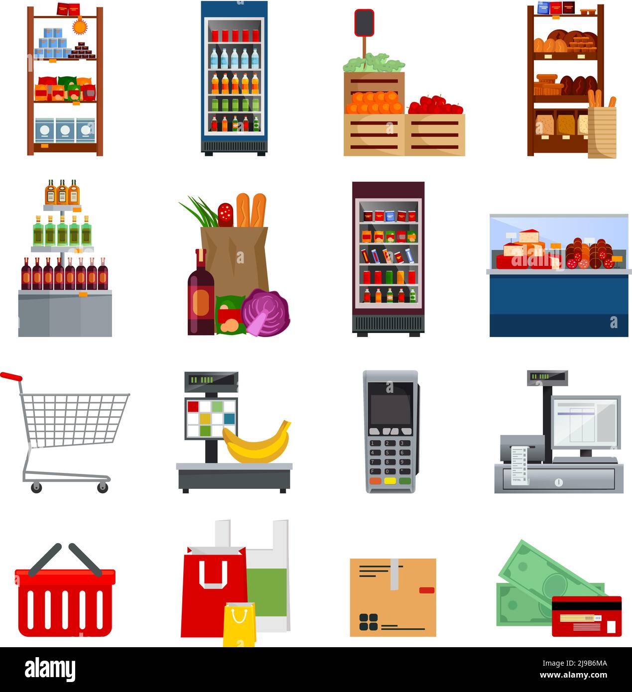 Supermarkt dekorative flache Symbole mit Geld und Karten Taschen Kühlschränke Käufe Zahlung Geräte isoliert Vektor Illustration Stock Vektor