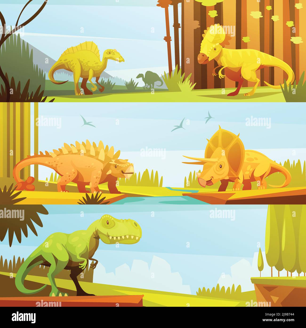 Dinosaurier in prähistorischer Umgebung 3 horizontale Banner im Retro-Stil Cartoon-Stil abstrakt isoliert Vektor Illustration Stock Vektor