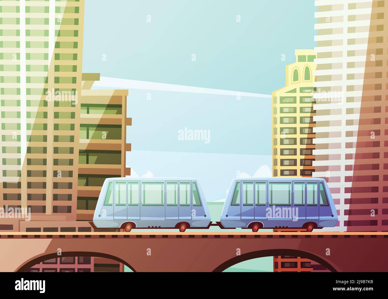 Miami Innenstadt Cartoon Komposition mit zwei Waggons von Schwebungsbahn Auf der Vorderseite und Skyline Hintergrund flache Vektor-Illustration Stock Vektor