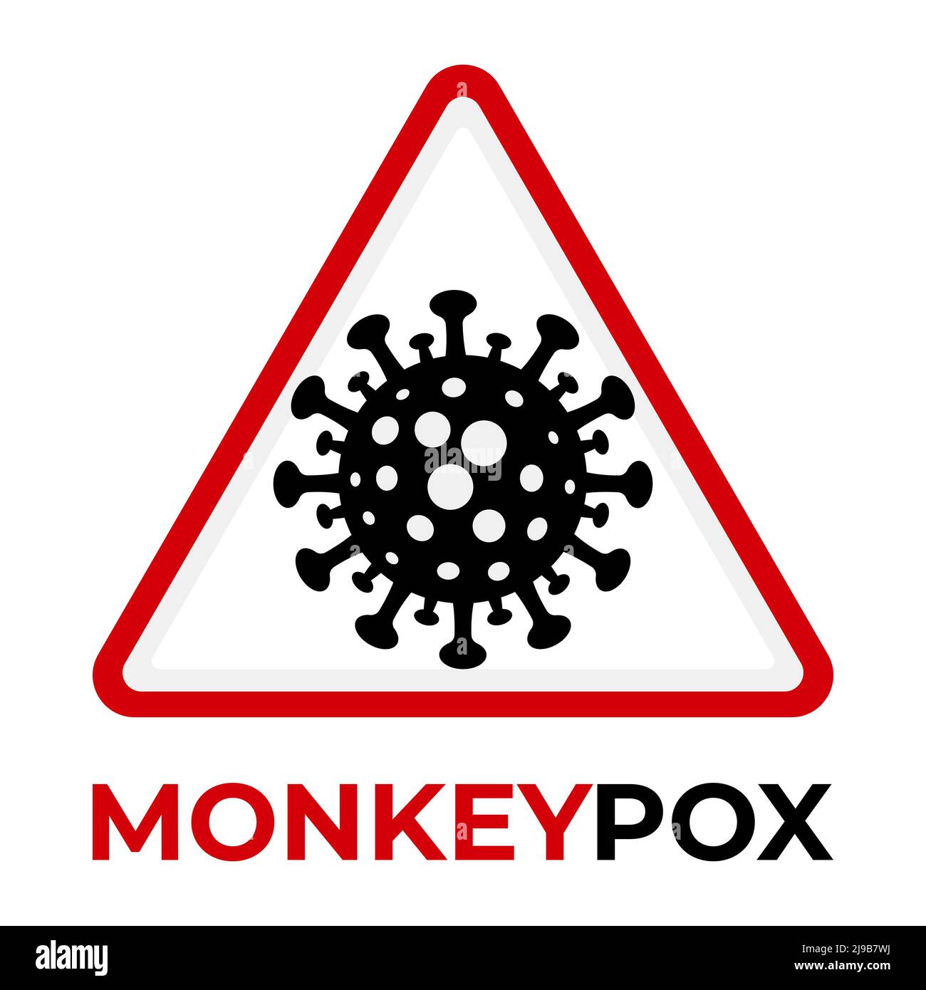 Monkeypox-Virus-Symbol in rotem Warndreieck auf schwarzem quadratischem Hintergrund. Medizinisches Banner für den Ausbruch von Monkeypox-Viruszellen. Vektor-Affenpocken-Zelle. Stock Vektor