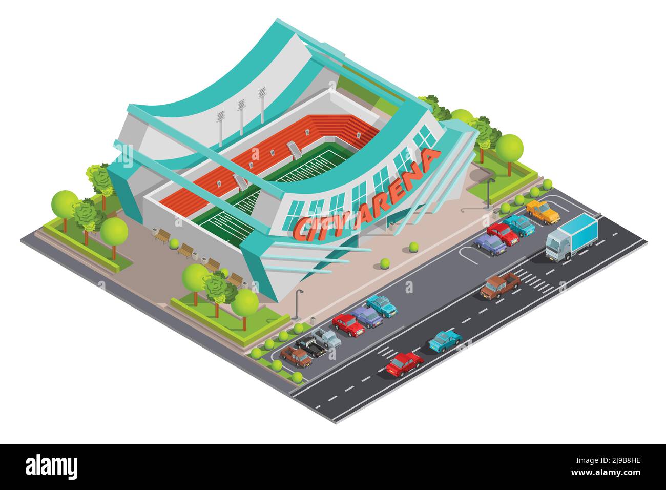 City Sport Center Arena Stadion mit Parkplatz und Verkehr Außerhalb isometrische Komposition Poster abstrakte Vektor Illustration Stock Vektor
