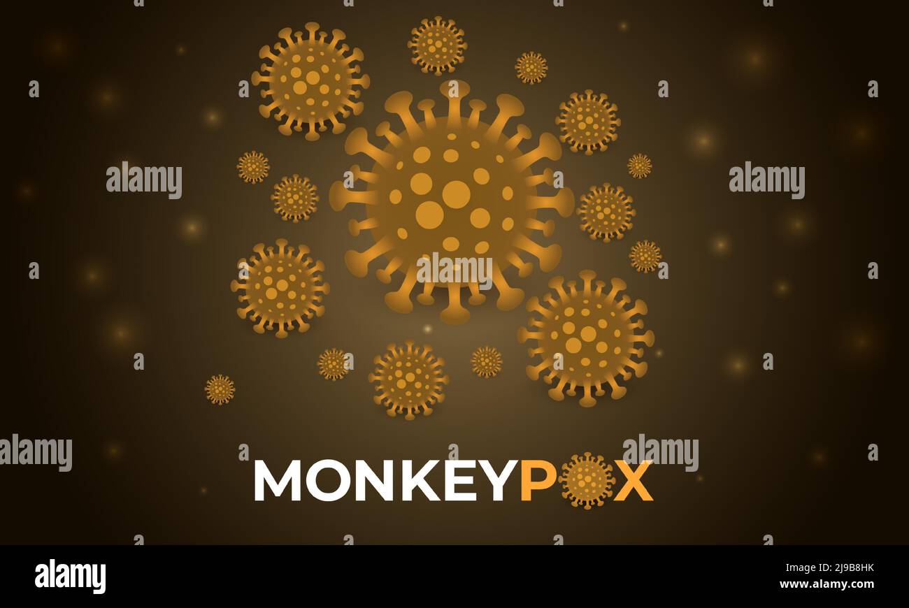 Monkeypox-Viruszellen brechen dunkles medizinisches Banner aus. Monkeypox-Viruszellen auf dunkelbraunem Ischiensushintergrund. Mikrobiologische Vektorgrafik der Affenpocken Stock Vektor