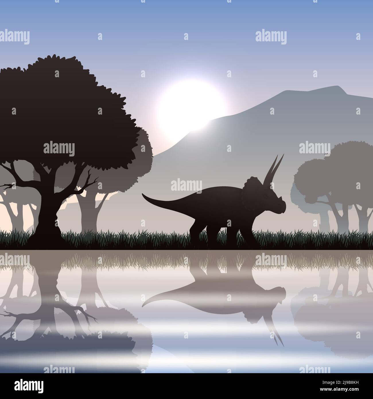 Triceratops Dinosaurier Silhouette in landschaftlich reizvoller Landschaft mit See Berg und Vektorgrafik „Giant Trees“ Stock Vektor