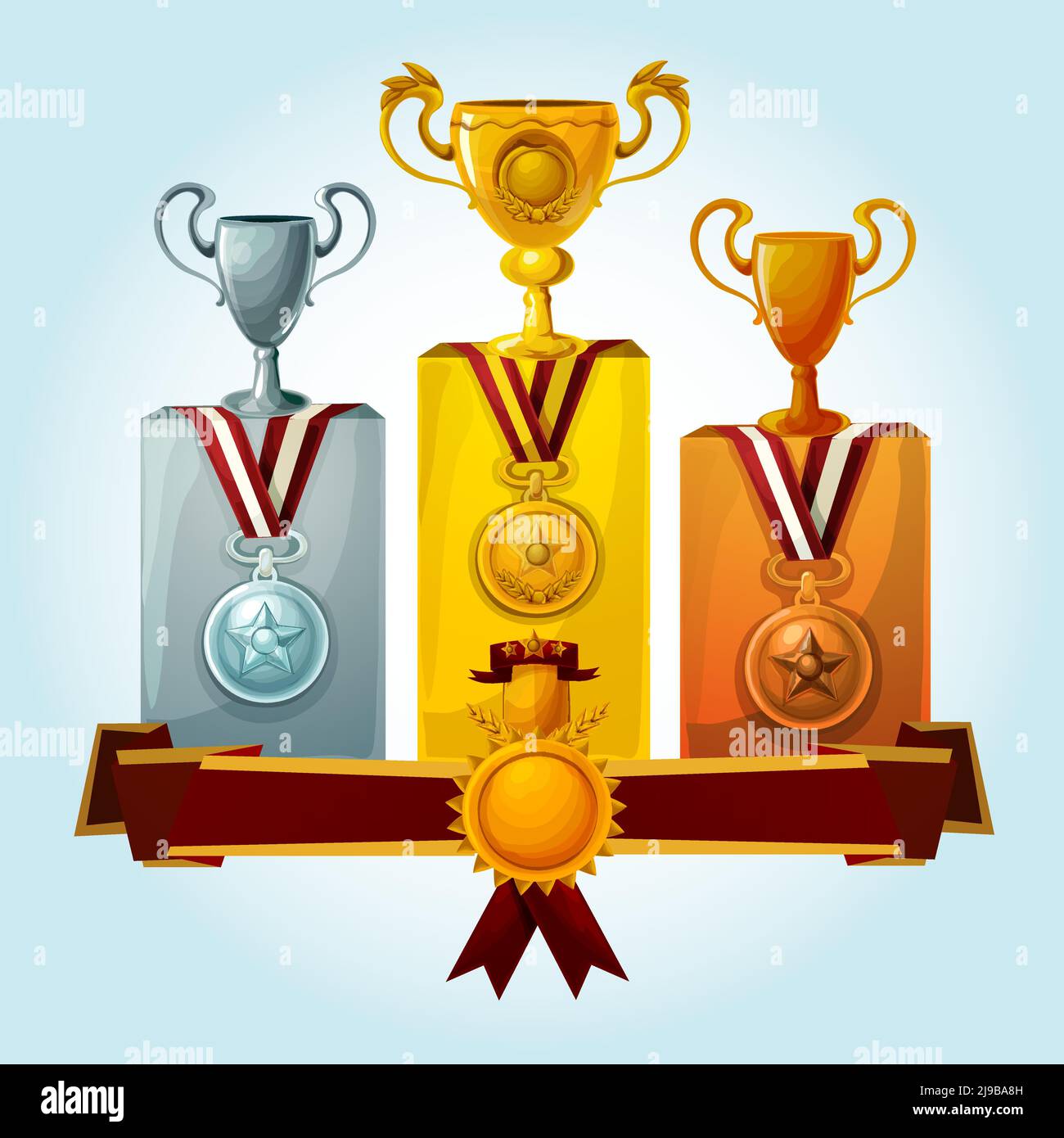 Goldene Pokale und Medaillengewinner auf Podium Cartoon-Vektor Abbildung Stock Vektor