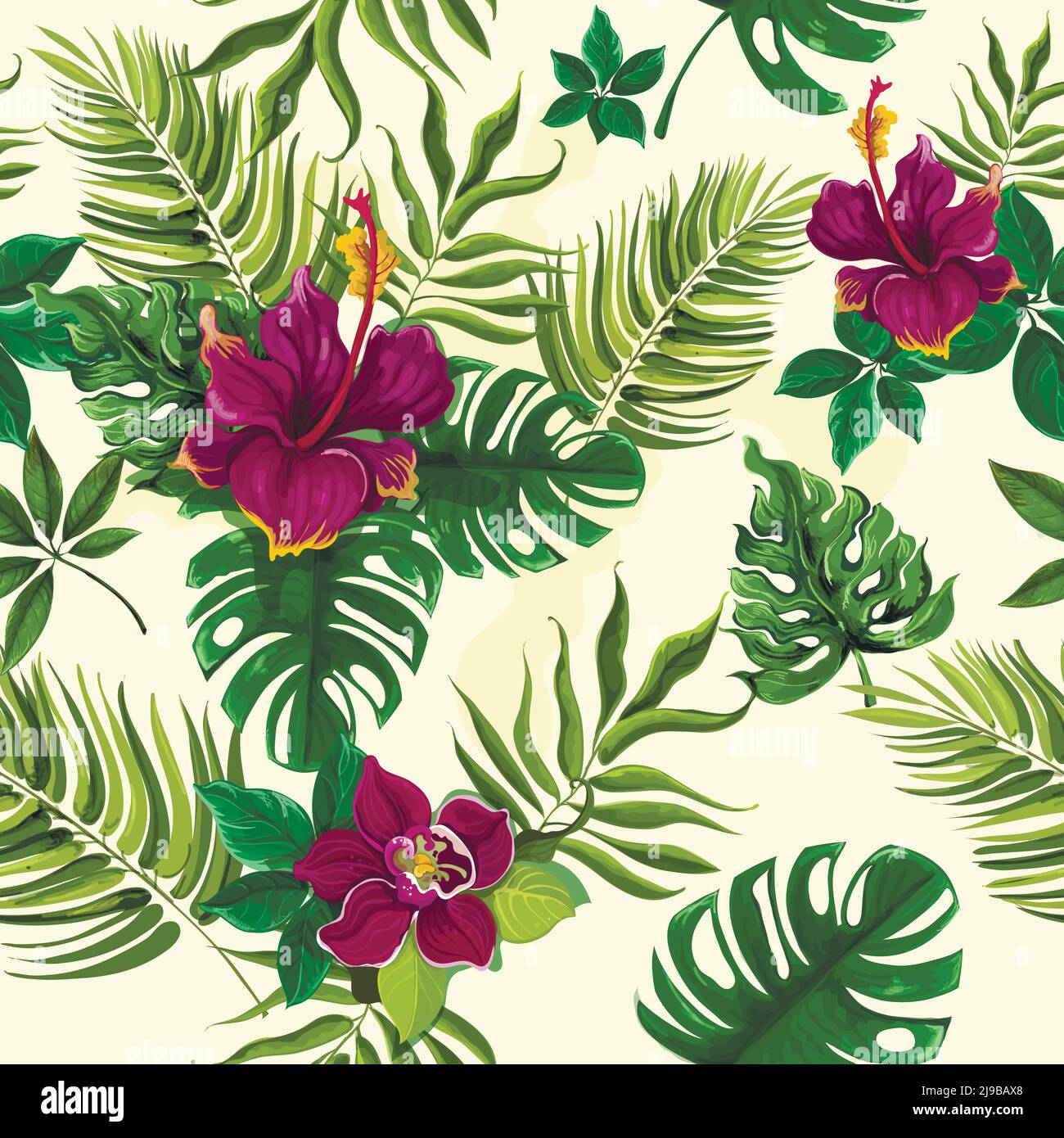 Exotische tropische Regenwaldpflanzen opulent grüne Blätter mit Hibiskusblüten Wrap Papier nahtlose Muster abstrakten Vektor Illustration Stock Vektor