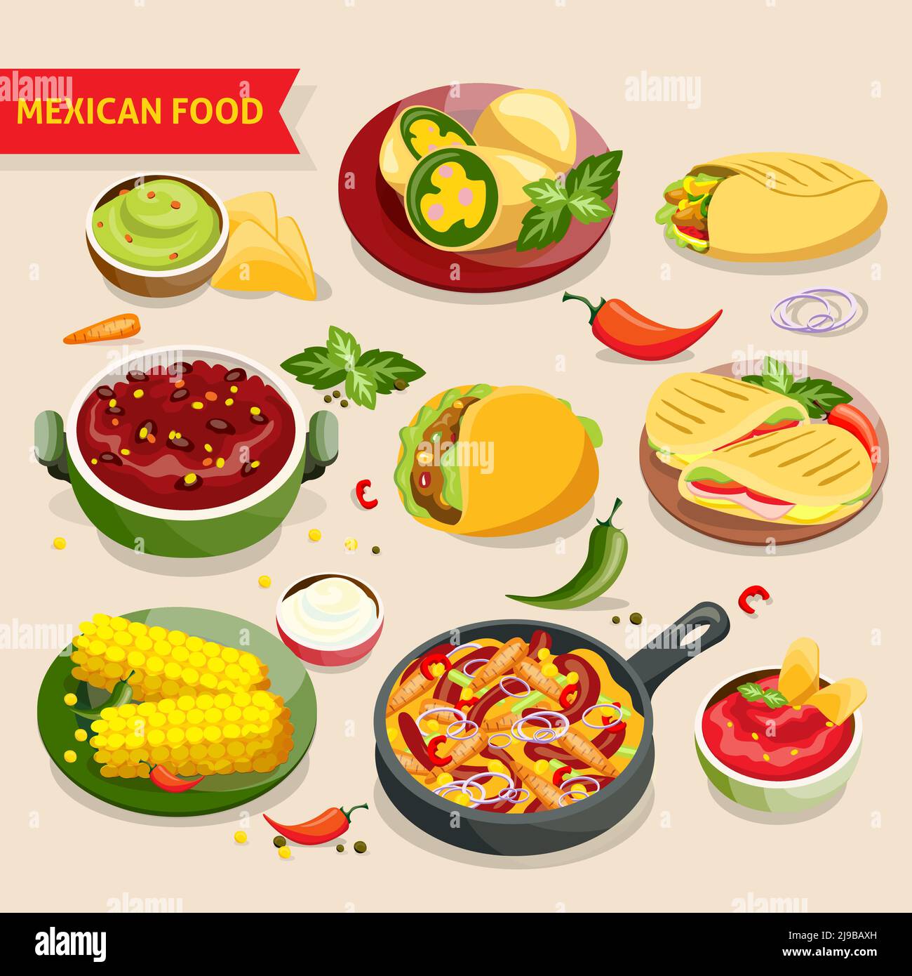 Mexikanische Küche Set mit traditionellen mexikanischen Küche Gerichte isoliert Vektor Illustraion Stock Vektor