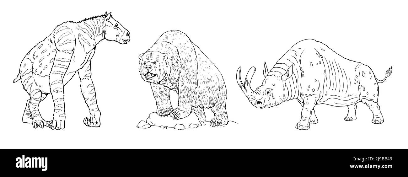 Prähistorische Tiere - Chalicotherium, Höhlenbär und Megacerops. Zeichnung mit ausgestorbenen Tieren. Vorlage für das Ausmalen. Stockfoto