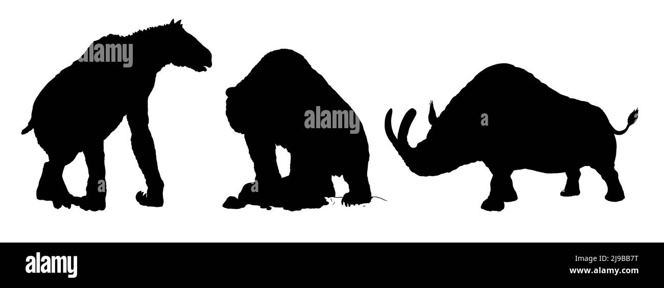 Prähistorische Tiere - Chalicotherium, Höhlenbär und Megacerops. Zeichnung mit ausgestorbenen Tieren. Schwarze Silhouette Zeichnung. Stockfoto