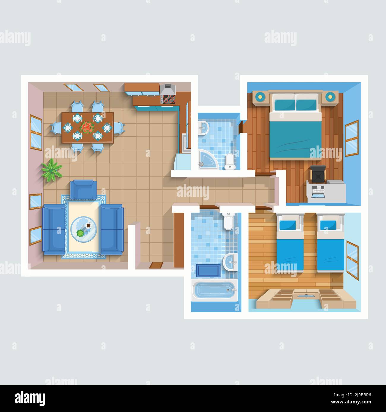 Wohnung mit Blick von oben und Wohnbereich, zwei Schlafzimmer, Badezimmer Und Möbel Vektor Illustration Stock Vektor