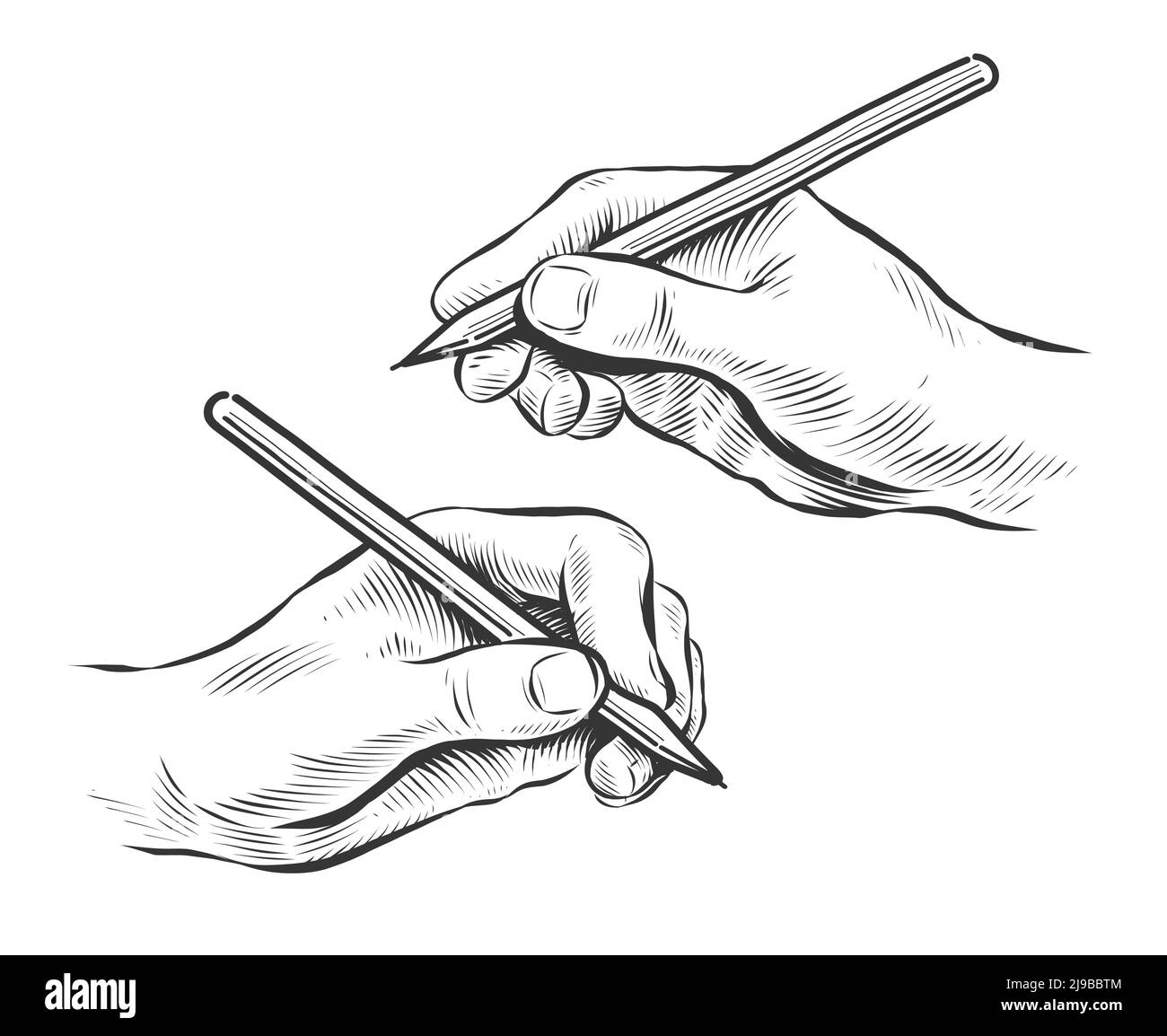 Schreibhand mit Stift. Handgezeichnete Skizze im Vintage-Gravurstil. Vektorgrafik Stock Vektor