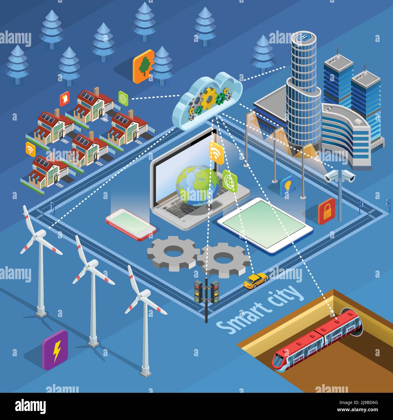 Smart City Internet of Thing Lösungen für die Sicherheit der Energieversorgung Kommunikation und Transport isometrische Poster Vektor Illustration Stock Vektor