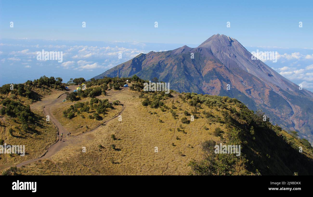Wunderschöne Naturkulisse vom Gipfel des Mount Merbabu, der Savanne, blauen Himmel und die Majestät des Mount Merapi sieht Stockfoto