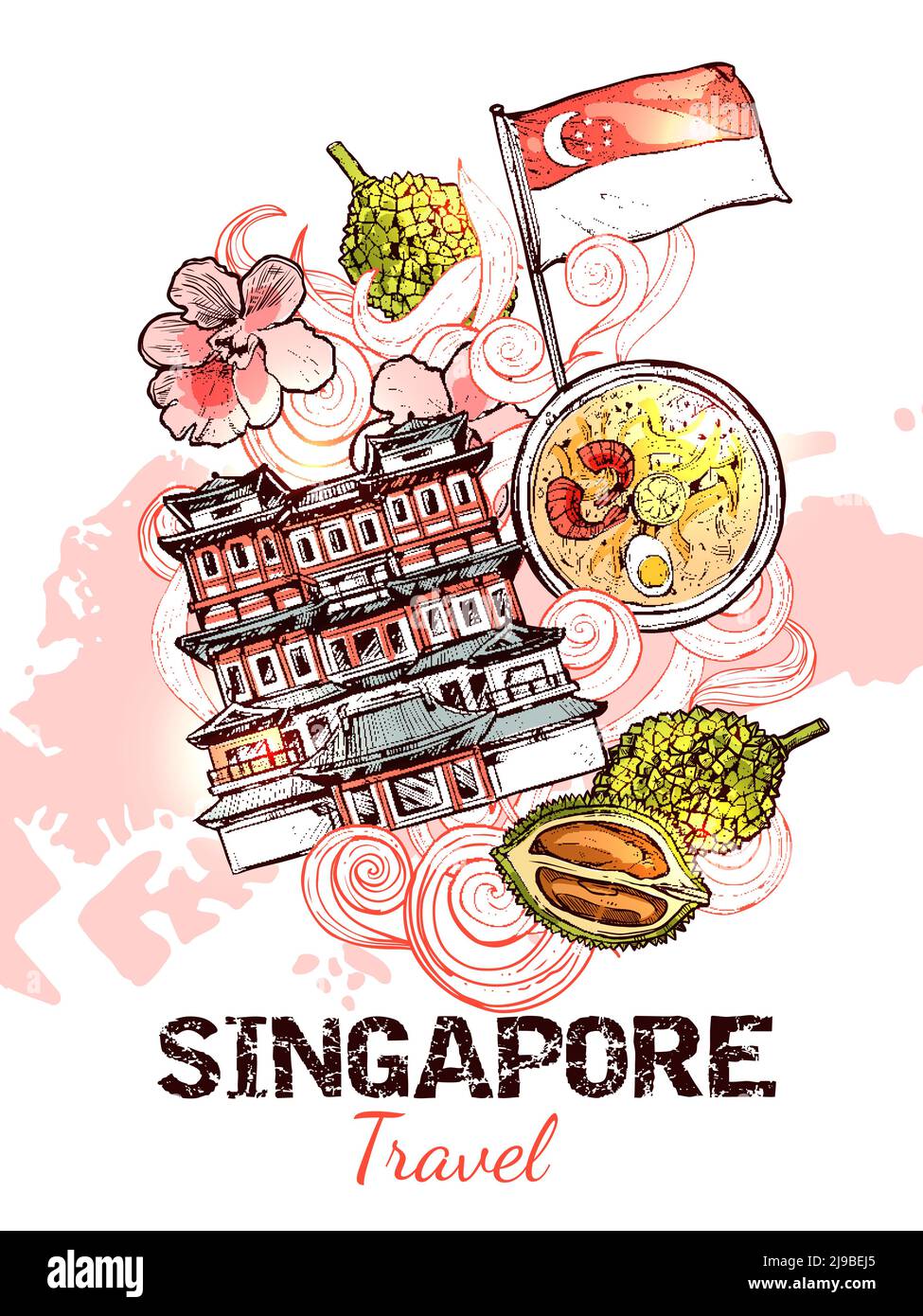 Singapur handgezeichnetes Skizzenposter mit Flagge von republic buddha Zahn Reliquie Tempel und Marina Bay Sand Symbole Vektor-Illustration Stock Vektor