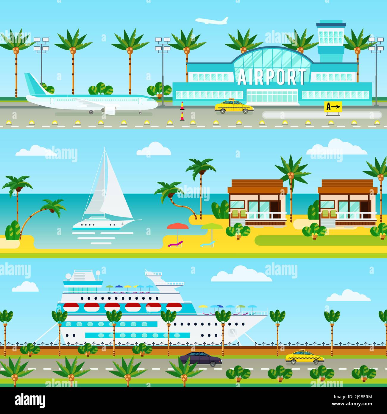 Drei Banner mit flachen Kompositionen von Kreuzfahrt-Urlaub Bilder gesetzt Mit tropischen Palmen Flughafen Ozean gehen Schiff Vektor Illustration Stock Vektor