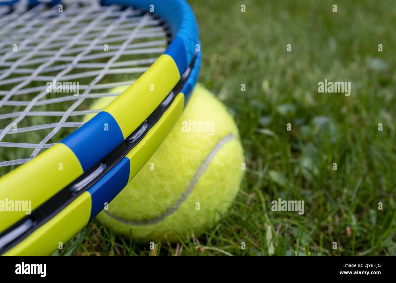 Nahaufnahme ausgewählter Fokus des leichten High-Tech-Tennisschlägers mit synthetischen Darmsaiten und Tennisball auf einem Rasen Stockfoto