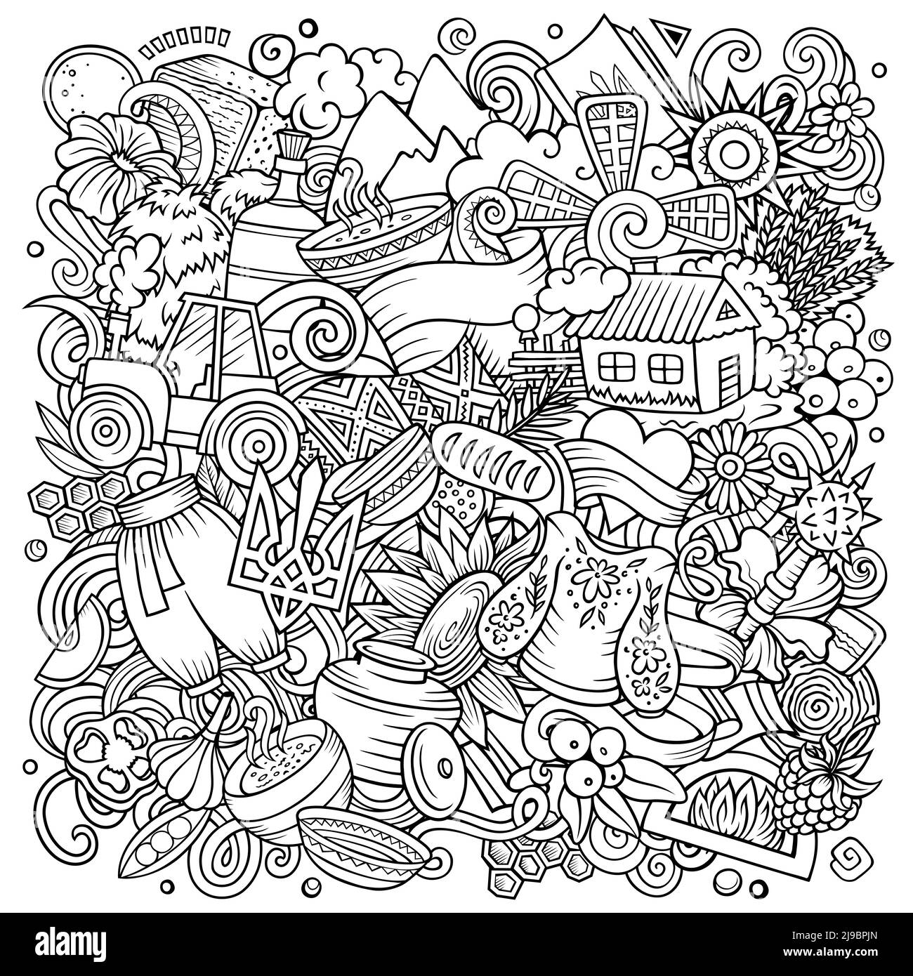 Ukraine Cartoon Vektor Kritzeleien Illustration. Ukrainische Symbole, Elemente und Objekte Hintergrund. Linie Kunst lustiges Bild. Alle Elemente sind getrennt Stock Vektor