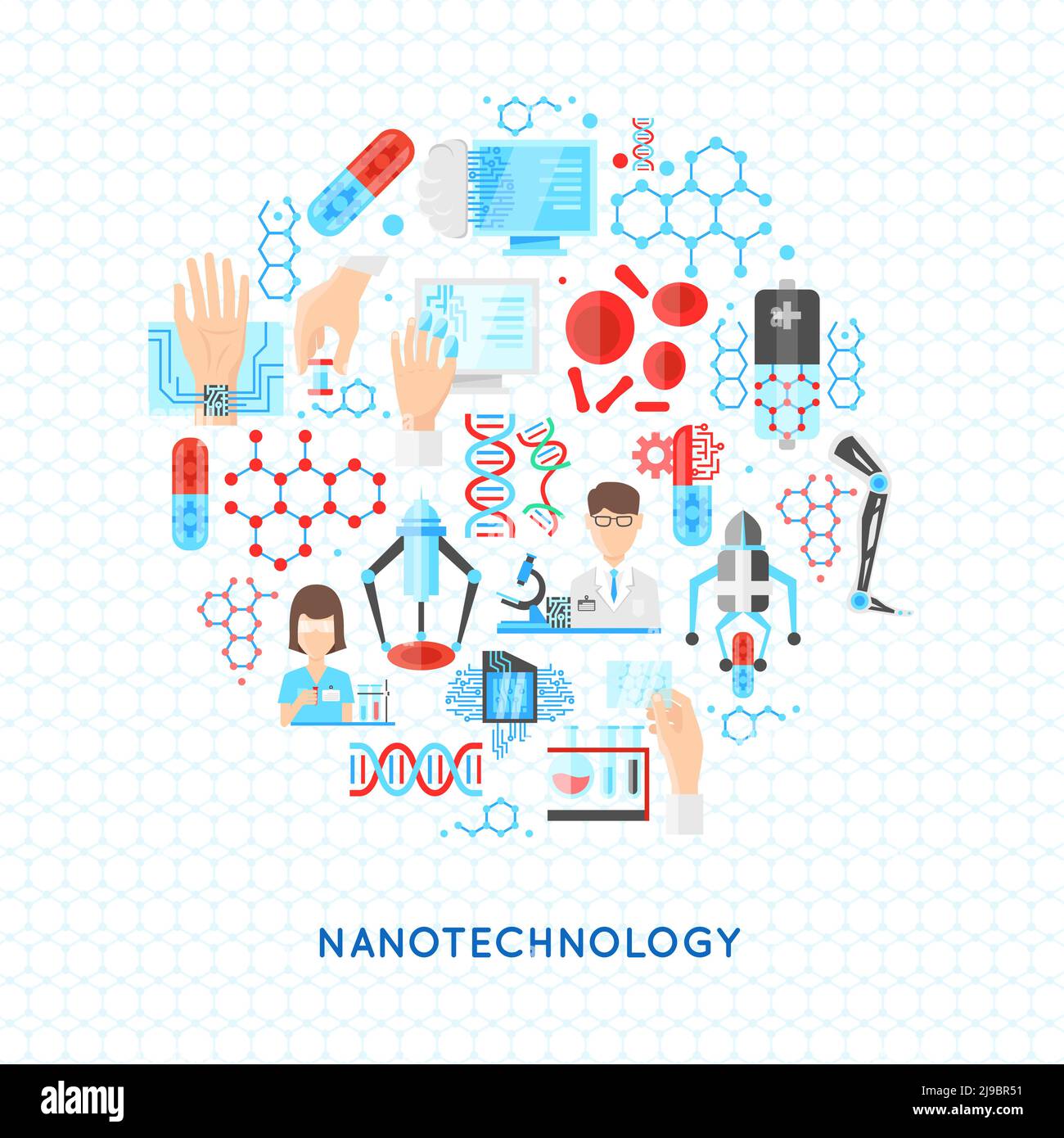Nanotechnologie Runddesign mit Strukturen aus Partikeln dna und Drogen Wissenschaftliches Labor auf texturellen Hintergrund Vektor Illustration Stock Vektor