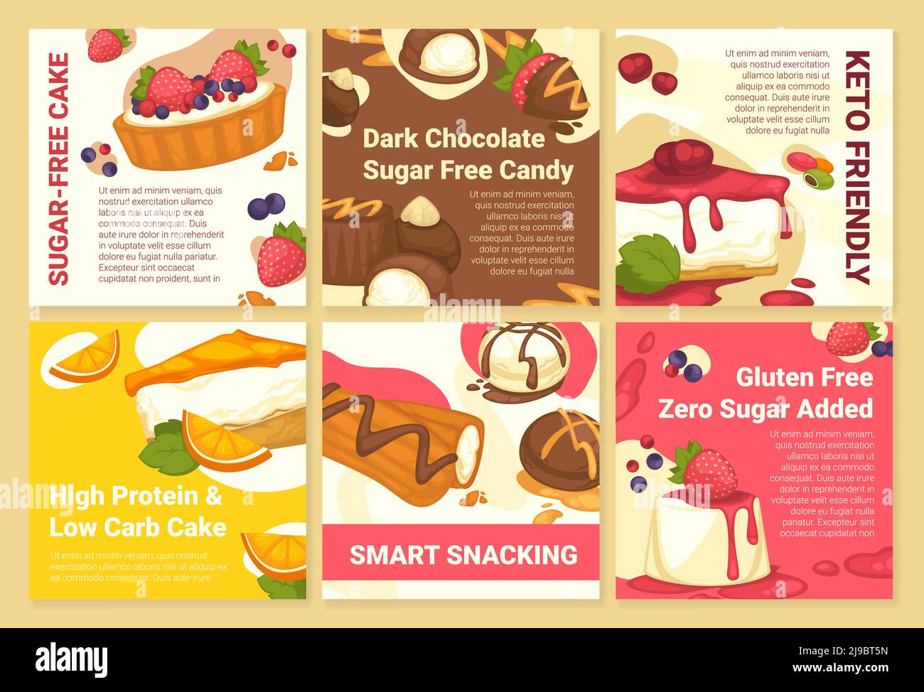 Zuckerfreier Kuchen, dunkle Schokoladenbonbons-Anzeige bei der Post-Set Stock Vektor